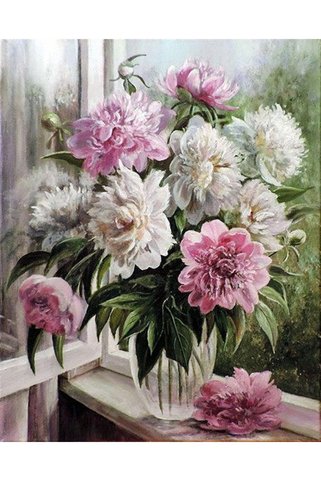 Marcel Kristal Tablo Cam Kenarındaki Beyaz Ve Pembe Çiçekler Elmas Mozaik Tablo 45x60cm