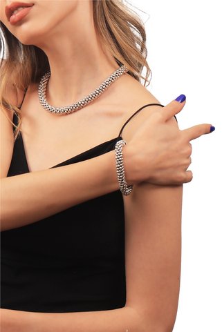 LABALABA Kadın Antik Gümüş Kaplama Top Boncuk Kolye & Bileklik Set