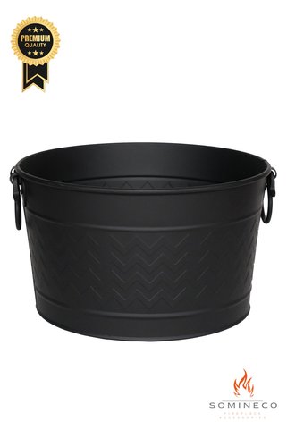 SOMINECO Metal Siyah Zigzag Desenli Yuvarlak Şömine-soba Odun Depolama Saklama Kovası 43x36x25
