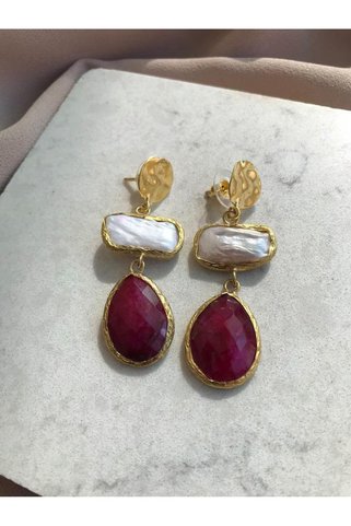 MiracleLivesGiftShop Kare Barok İnci Doğal Yakut Taşlı Kadın Küpe