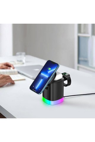 MATECHNO 3 in 1 RGB Gece Lambalı Kablosuz Şarj Telefon Saat Uyumlu Şarj Standı Wireless Stand