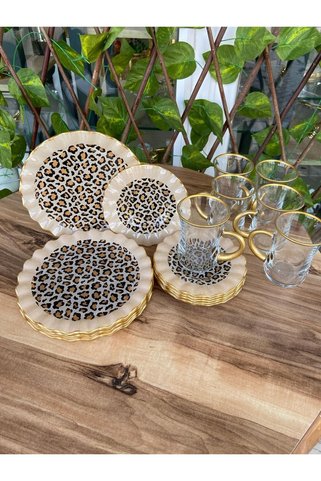 GÜRCÜGLASS Çay Keyfi 18 Prç Leopar Kulplu