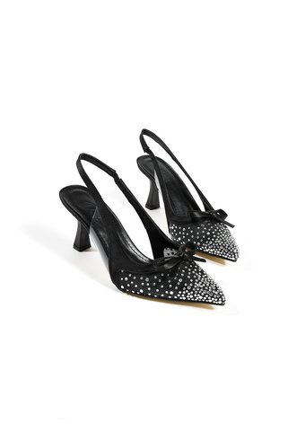 DUXAL SHOES Olivia Kadın Stiletto Taşlı Sivri Burun Fiyonk Detay Arkası Açık Abiye Klasik Topuklu Ayakkabı