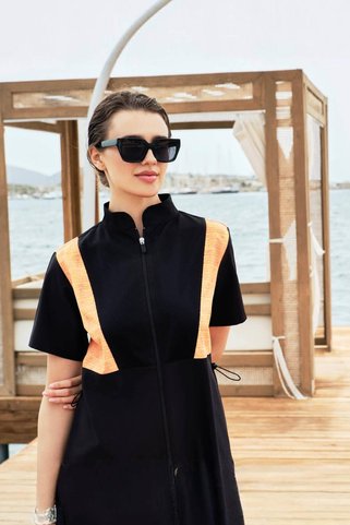 Haşema Kısa Kollu Turuncu Siyah 4 Parça Yarı Kapalı Havuz Mayo Takımı 5002