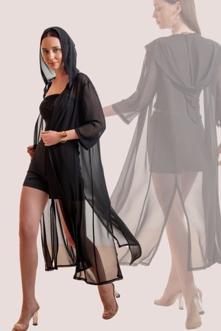 Laranor Kapişonlu Yırtmaç Detay Çok Amaçlı Tasarım Şifon Hırka&MayoBikini Üstü&Kimono&Plaj Giyim