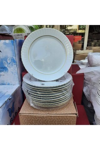Kütahya Porselen 12 Adet 17 cm Porselen Altın Yaldızlı Düz Tabak Tatlı Pasta Servis Tabağı