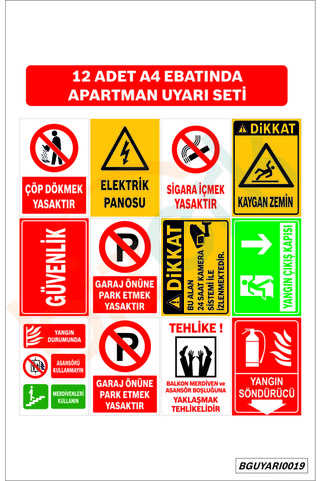 bizerk görsel Apartman Uyarı Seti12 Adet A4 ebatında İSG Uyarı ve  İkaz Levhası 3mm Dekota UV Baskı