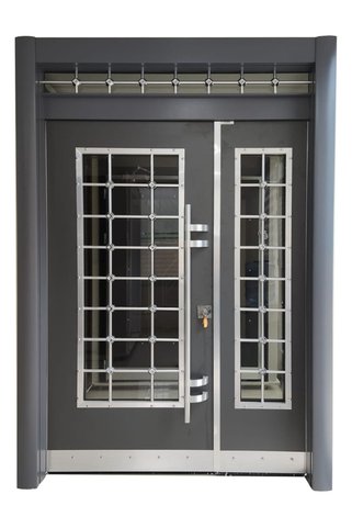 Tezdoor Celik Kapi Model Çelik Kapı, Antrasit Rengi Camlı Bina Giriş Kapısı Sol Açılım