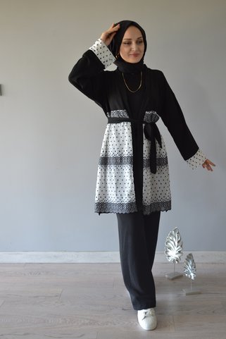 AYSUN AYDEMİR SİYAH BEYAZ DANTEL  DETAYLI 2 Lİ KİMONO TAKIM
