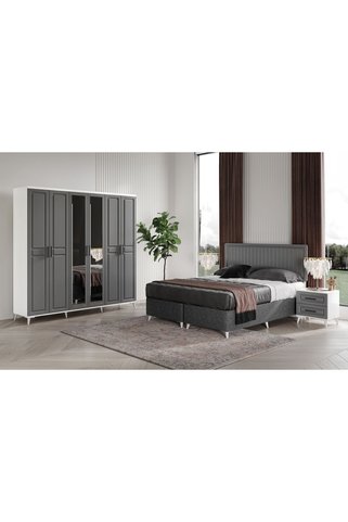 GuneyStore Komple MDF Sport 6 Kapaklı Antrasit-Beyaz Yatak Odası Takımı Baza Dahil