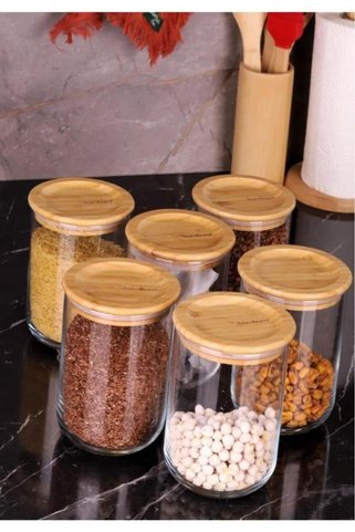 Bambum Duo Bambu Vakumlu Kapaklı Cam 900ml Baharatlık - Saklama Kabı 6lı Set
