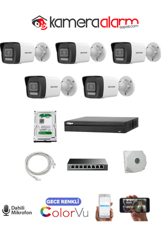 Hikvision 5 Kameralı Mikrofonlu Gece Renkli 2MP IP Kamera Seti - 1TB HDD- 30 Metre Görüş