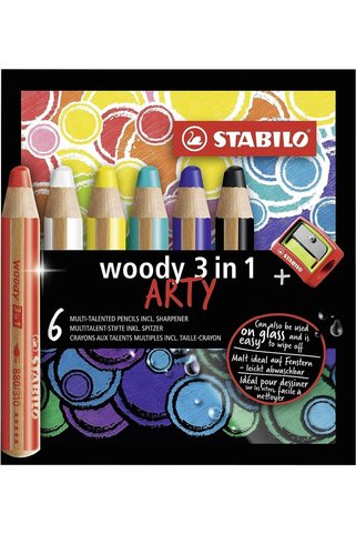 Stabilo Woody Arty 3ü 1 Arada Mum Boya - Kuru Boya - Sulu Boya 6 Renk Kalemtıraş