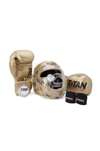 Titan Sport Gold(Altın) Serisi Özel Takım Set , Camlı Boks Kaskı, Boks Eldiveni, Dişlik, Bandaj