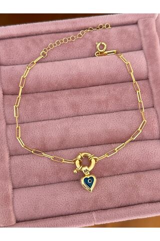 emy by emel luxury silver jewelry Halhal - Gemici Kilitli Kalp Nazar Boncuklu Halhal Altın Kaplama 925 Ayar Gümüş