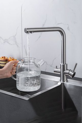Badem10 Arıtma Mutfak Lavabo Musluğu Bataryası Mix Eyve Sıcak Soğuk Çift Su Girişli Çeşmesi 40 cm