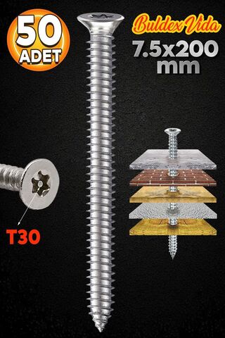 Badem10 Buldex Vida 7.5x200 mm 50 ADET Sivri Uçlu Dübelsiz Beton Vidası Tork Duvar Vidası Buldeks