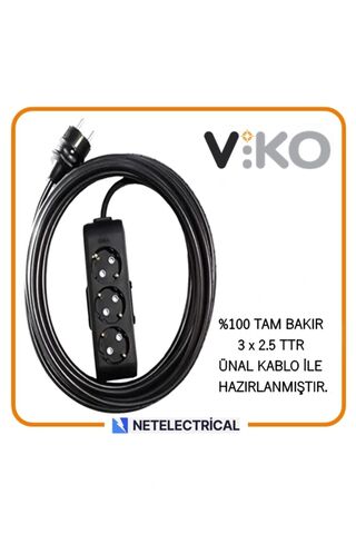 VİKO Multi-let Siyah 3'lü 7 Metre Topraklı Çocuk Korumalı (3x2.5 TTR TAM BAKIR KALIN KABLOLU) Grup Priz