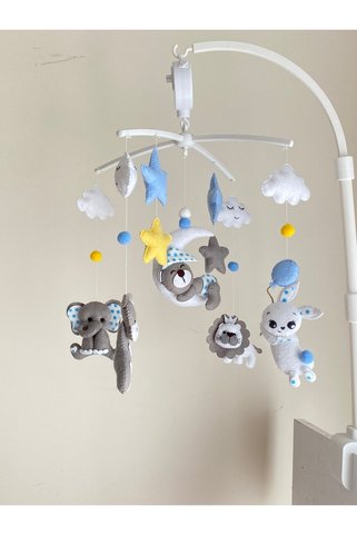 atölye ay ışığı Kurmalı Müzikli Bebek Odası Dönence Karışık Hayvan Figürlü Mavi
