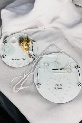 Cyz Home Gümüş Incili Beyaz Cam Yuvarlak Söz Nişan Kız Isteme Incili Damat Kahve Fincan Tepsi Seti