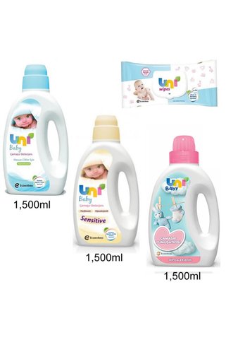 Uni Baby Çamaşır Deterjanı 1500 Ml + Yumuşatıcı 1500 Ml + Deterjan Sensitive 1500 Ml + Islak Mendil