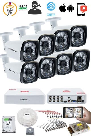 Kadraj 8'li Kamera Seti - 5MP Sony SecuLensli 1080P Full HD, 6 Atom LED, AHD Güvenlik Kamerası Seti, Gece G