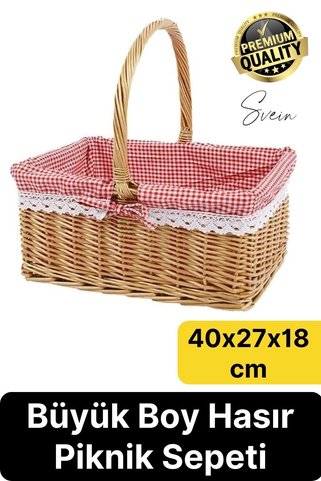 Svein Premium Kamp Piknik Sepeti Yıkanabilir Astar Rattan Yiyecek Rustik Hasır Dokuma Dekoratif Outdoor