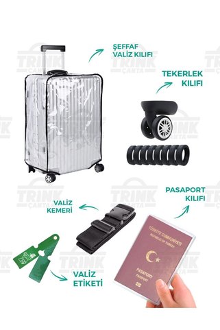 Trink Çanta Şeffaf Valiz Kılıfı 5'li Set (Valiz Kılıfı-Tekerlek Kılıfı-Kemer-Etiket-Pasaportluk)