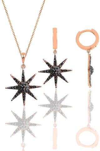 Söğütlü Silver Gümüş Rose Onix Taşlı Güneş Kolye Ve Küpe Ikili Set Sgtl12098sıyah