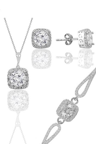 Söğütlü Silver Gümüş Rodyumlu Zirkon Taşlı Kare Kolye Küpe Ve Bileklikten Oluşan Üçlü Set Sgtl11578beyaz