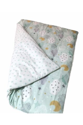 Bebek Özel Pamuklu Bebek Çocuk 100x150 Yorganı Standart Yeşil Ay Bulut Yıldızlı