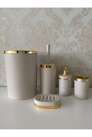 TrendBanyoMutfak 5 Parça Krem Gold Mat Banyo Seti / Wc Fırçalık, Sıvı - Katı Sabunluk, Çöp Kovası, Diş Fırçalık