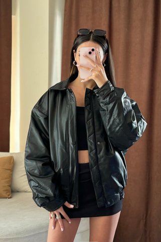 Moderk Oversize Vintage Kadın Siyah Deri Ceket