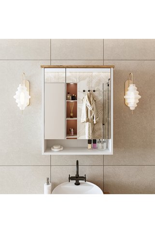 ROOMART Banos Banyo Kulpsuz 2 Kapaklı Mat Beyaz Mdf 62 Cm Aynalı Banyo Üst Dolabı