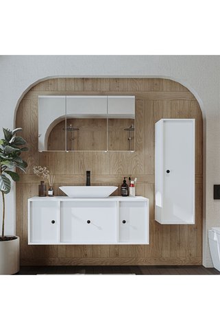 ROOMART Lavabolu Mat Mdf 120 Cm Çekmeceli Banyo Dolabı + Aynalı Üst Dolabı + Boy Dolabı
