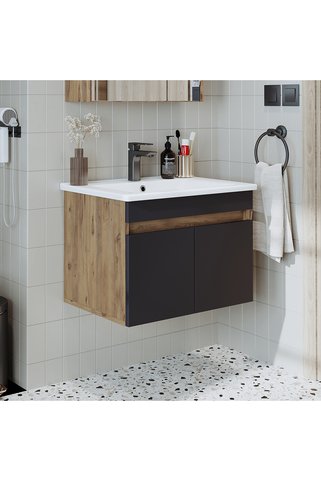 ROOMART '' Lavabolu '' Atlantik - Antrasit Mat Mdf 65 Cm Banyo Dolabı