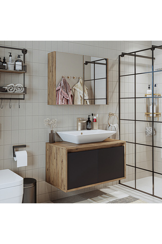 ROOMART Tm7.2 Ahşap-antrasit Mdf 85 Cm Banyo Dolabı + Aynalı Banyo Üst Dolabı