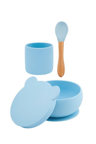 OiOi Mama Kaşığı Saplı Mineral Blue / Powder Grey & Kapaklı Kase & Mini Bardak
