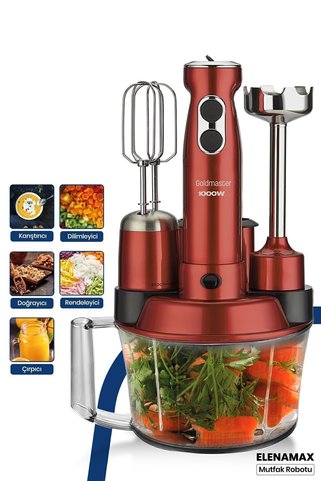 GOLDMASTER Elenamax Vişne Kırmızı 1000 Watt Hız Ayarlı %100 Bakır Motor 5 In 1 Mutfak Robotu Multi Blender Seti