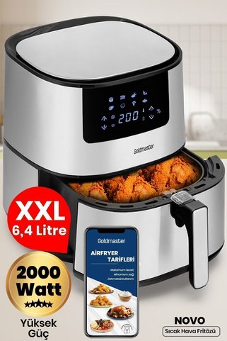 GOLDMASTER Novo 2000 Watt Yüksek Güç 6,4 Litre Inox Geniş Xxl Dokunmatik Airfryer Yağsız Sıcak Hava Fritözü