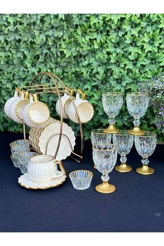 Hediye Köşkü 25 Parça Askılı Gold Papatya Kahve Sunum Seti