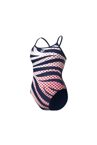 ARENA WOMEN'S ARENA MULTI STRIPES SWIMSUIT LACE BACK NAVY WHITE MULTI RED