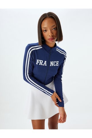 Koton Crop Tişört Fermuarlı Uzun Kollu Slogan Baskılı Dik Yaka Biyeli Slim Fit