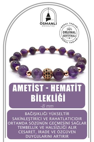 OSMANLI DEĞERLİ TAŞ Sertifikalı Hakiki Orijinal 8mm Ametist - Hematit Doğal Taş Zirkon Aparatlı Misinalı Bileklik