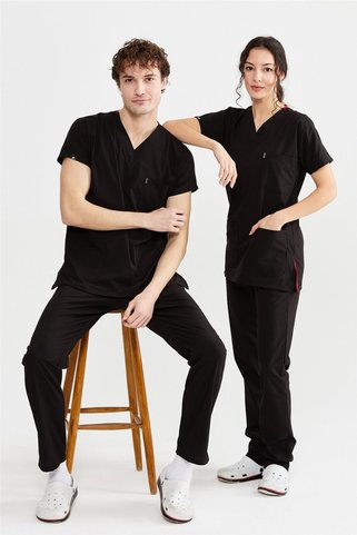 Çatı Medikal UltraLycra Basic - Likralı Doktor Hemşire Forma Takımı Scrubs Üniforma Cerrahi Takım (UNISEX), Siyah
