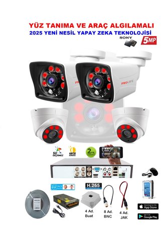 PROLİFE 4'lü 2 Iç 2 Dış Yapay Zeka Özellikli Yüz Tanıma Ve Araç Algılamalı 5 Mp Güvenlik Kamerası Seti