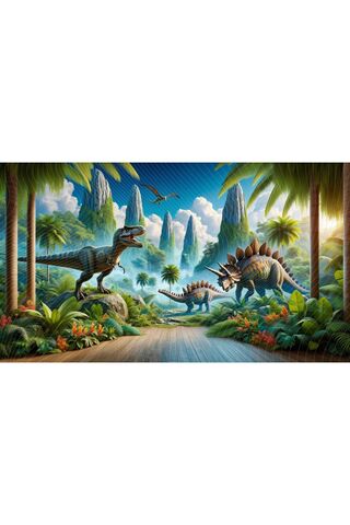 Venspor Dinozor Temalı Arkaplan 200x150cm - Tarih Öncesi Orman ve Dinozorlar Fon Duvar Örtüsü