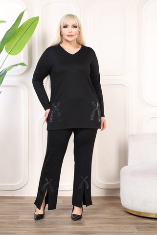 sinemisxxl paça detaylı  çelik kumaş büyük beden siyah takım