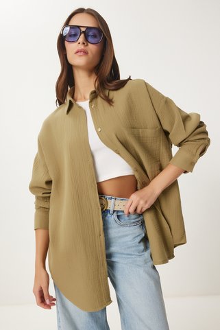 Lovelyİstanbul Oversize Basic Müslin Gömlek YAĞ YEŞİLİ LMX0002