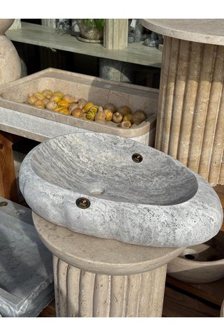 Polen Stone Silver Traverten Doğal Taş Damla Model Lavabo 60cm boy 40cm derinlik 14cm yükseklik